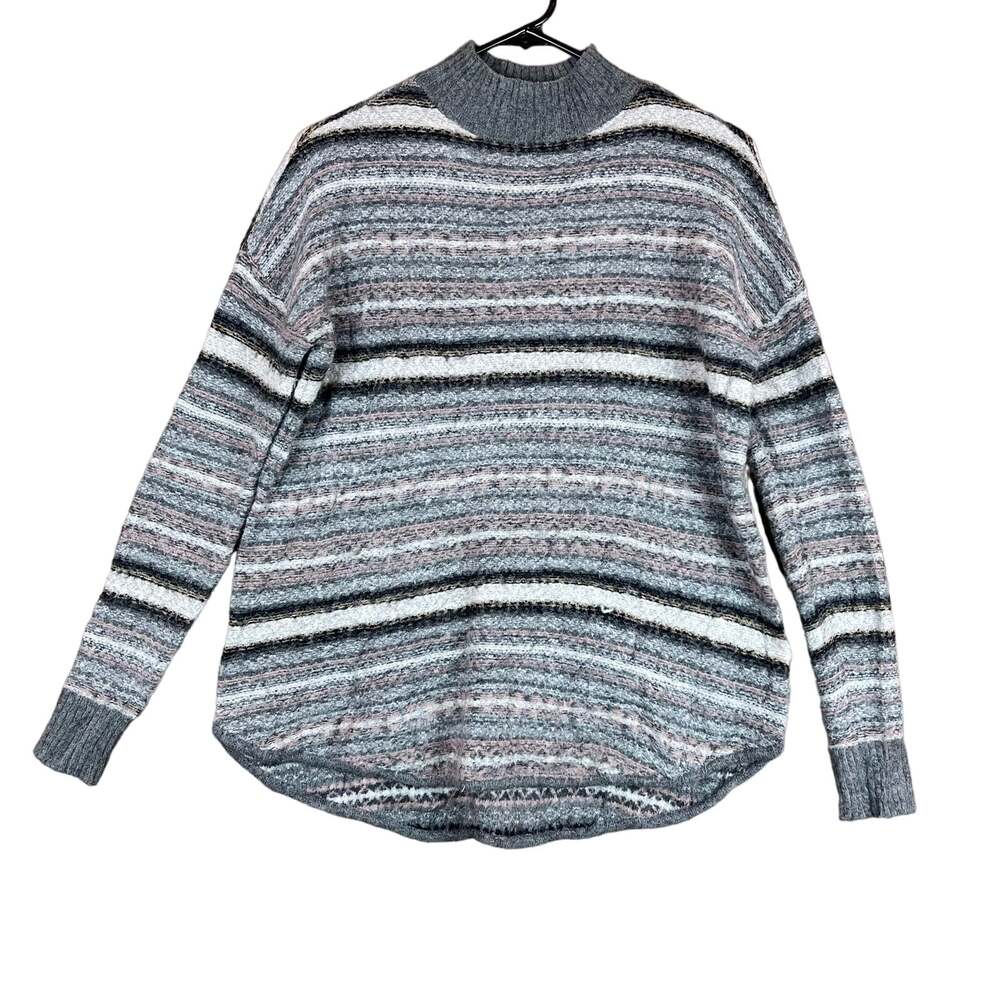 American Eagle Womens Sweater Gray Striped Mock Neck Knit Long Sleeve Stretch S